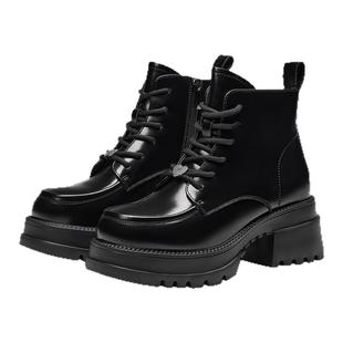 接吻猫秋季新款系带真皮轻便厚底短靴百搭户外透气加绒马丁靴女