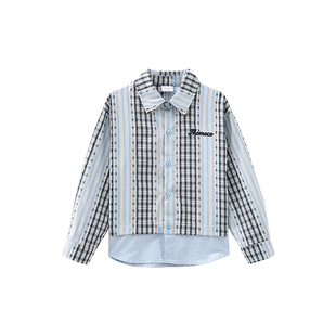 玛米玛卡童装复古格子衬衫男童长袖宽松拼接条纹上衣26年春新款