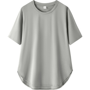 侧开叉半圆弧形下摆修身短袖t恤女小圆领前后长两边短的上衣薄款