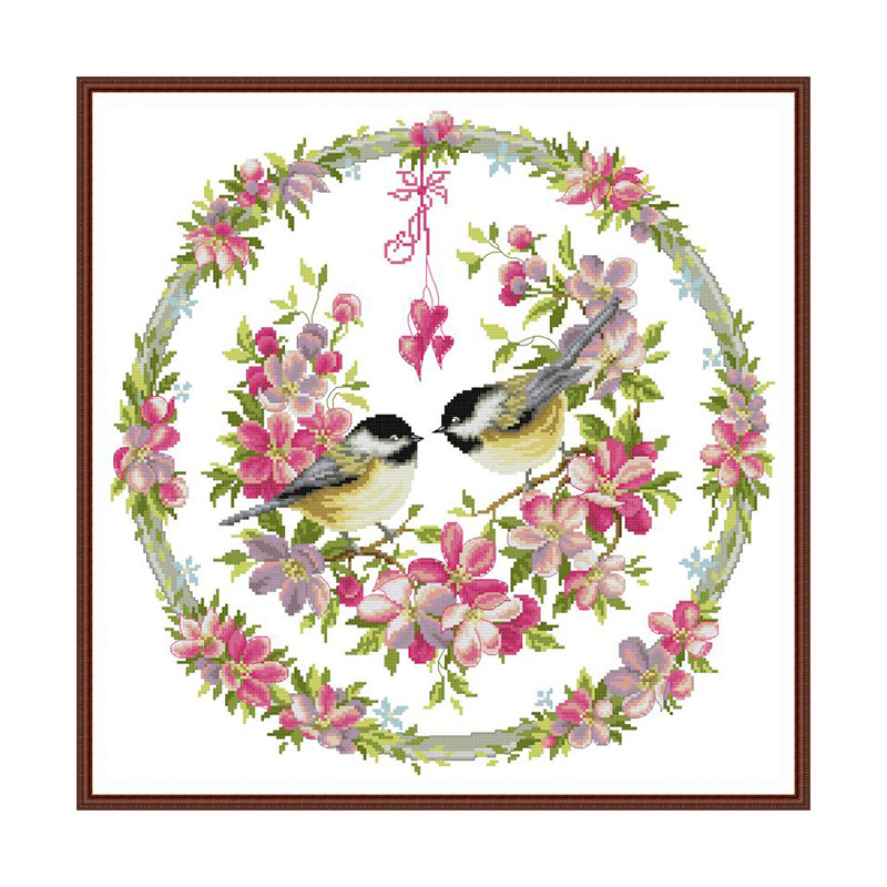 春日花环山雀十字绣 浪漫爱心花朵小鸟卧室装饰画 DIY 刺绣材料包