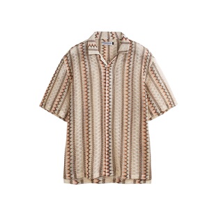 Medaigual 镂空编织肌理感火焰条纹宽松古巴领衬衫男街头滑板短袖