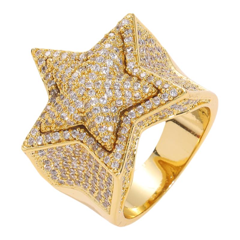 ICE BLING 立体五角星锆石满钻戒指 欧美嘻哈街头个性男性饰品