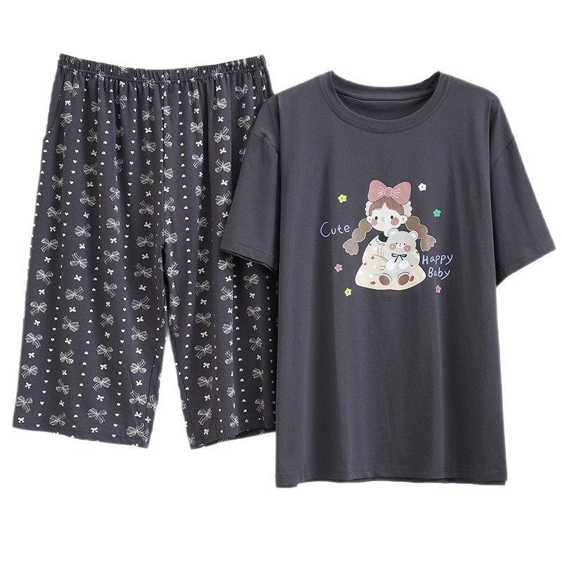 卡通女孩针织棉大码睡衣女夏短袖