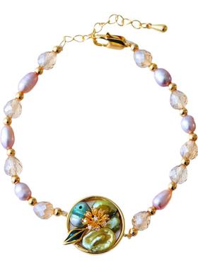 淡水珍珠轻奢花朵绿色手链