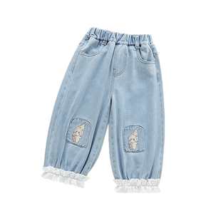 女童春款花边刺绣牛仔裤蕾丝边女宝宝春装束脚裤洋气休闲长裤春季