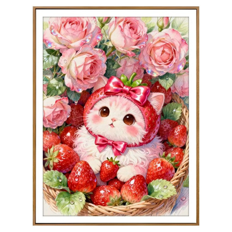 玫瑰草莓猫咪十字绣可爱治愈小猫
