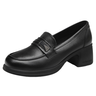 红蜻蜓女鞋厚底单鞋女春季新款真皮乐福鞋复古粗跟增高软底小皮鞋