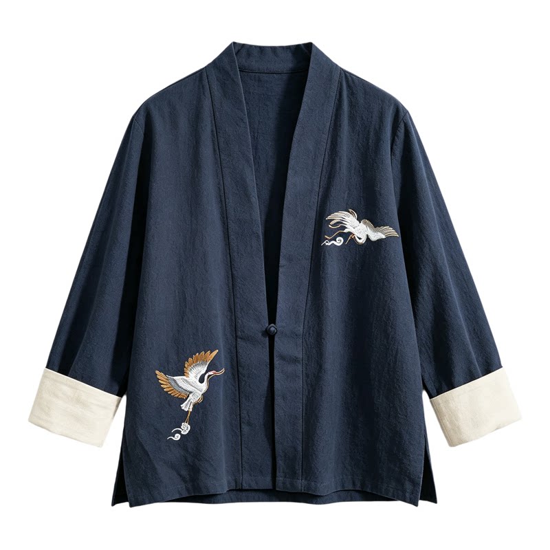春秋亚麻宽松汉服刺绣外套禅服男