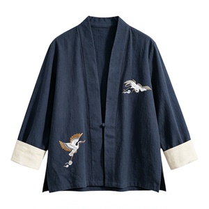 春秋亚麻宽松汉服刺绣外套禅服男