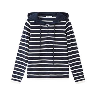 三福套头毛衣女2026新款春季假两件连帽针织衫条纹上衣女装515589