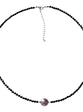 施家珍珠天然黑尖晶925纯银项链
