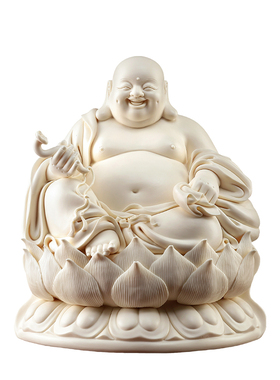 戴玉堂陶瓷年年如意 坐莲台弥勒笑佛摆件 客厅家用供奉佛像工艺品