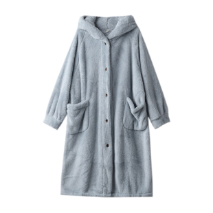 女士珊瑚绒睡袍 中长款连帽睡裙保暖宽松浴袍家居服睡衣 冬款女装