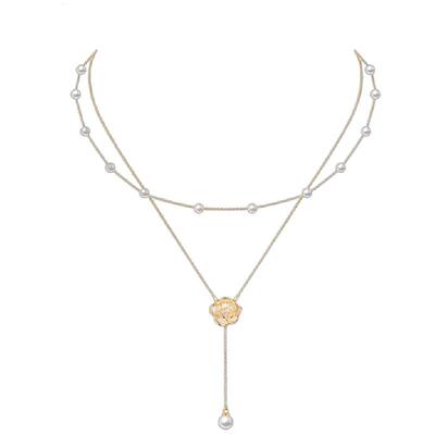 毛衣链送礼物山茶花珍珠项链双层