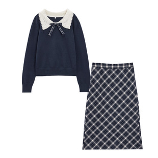 IEF/爱依服【微胖】学院风套装 2025秋长袖T恤中长款格子裙两件套