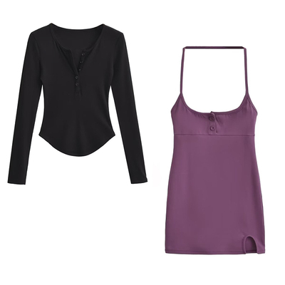 单排扣长袖T恤挂脖半身短裙套装