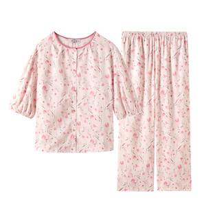 美标春夏新款七分袖纯棉睡衣套装女士贡缎可外穿复古风全棉家居服