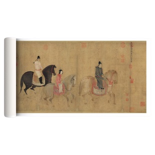 宋徽宗赵佶《虢国夫人游春图》超清微喷古字画绢本临摹挂墙装饰画