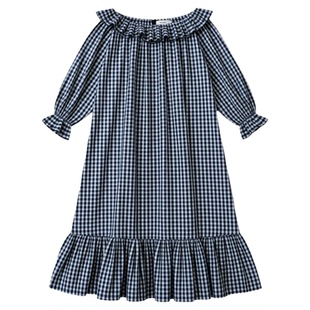 秋季女士长袖纯棉睡裙长款女秋格子睡衣女款高级感秋冬红色家居服