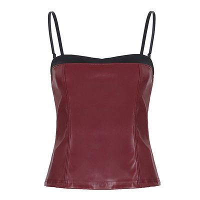 WEEKEEP 欧美街头辣妹撞色拼接皮革吊带背心百搭性感修身拉链上衣