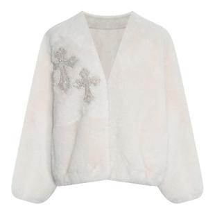 TCH轻奢时尚烫钻百搭休闲千金风V领小香风毛毛外套女T75D05E1002