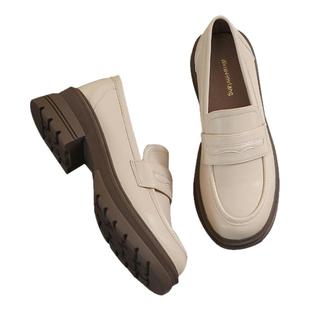 增高厚底乐福鞋女舒适小皮鞋加绒粗跟鞋子2025新款一脚蹬休闲单鞋