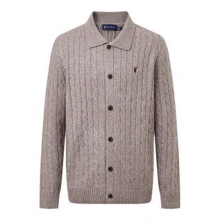 【含羊毛】POLOWALK男式针织衫2025冬季新品绞花翻领针织开衫上衣