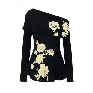 Labor of Love 乌金釉彩 原创设计黑金重工植绒刺绣一字肩羊毛衣