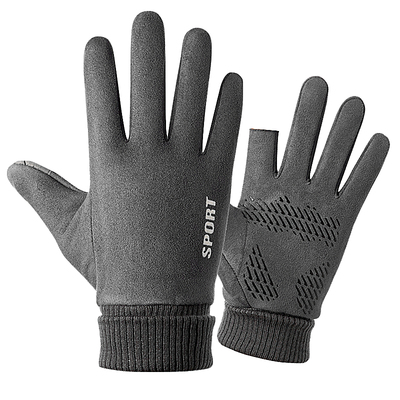 麂皮绒手套男冬季保暖触屏户外骑行跑步开车防滑棉漏二指半指手套