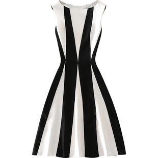 清仓新款高端气质通勤女装收腰显瘦A字裙中长款撞色无袖连衣裙子