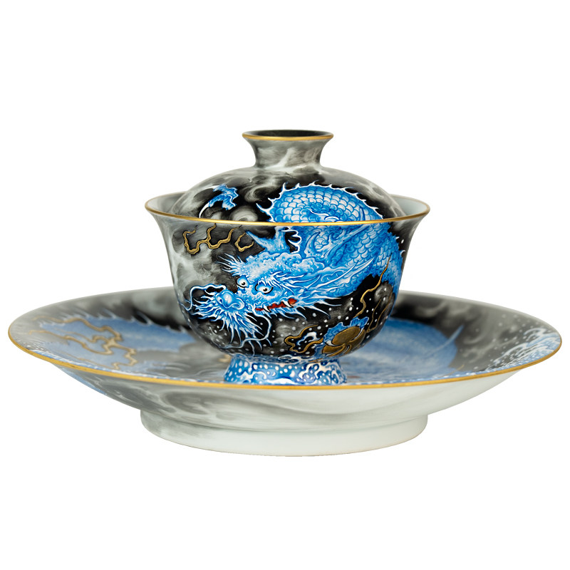 圣山高端粉彩手绘粉彩《墨韵蓝龙》陶瓷盖碗茶具手工陶瓷茶杯
