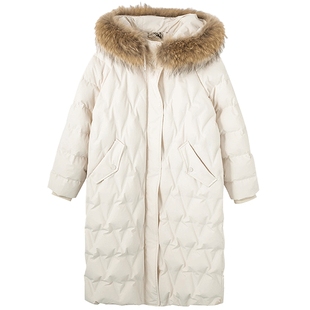 布景羽绒服女中长款冬季新品简约菱格连帽毛领白鸭绒厚款外套1467