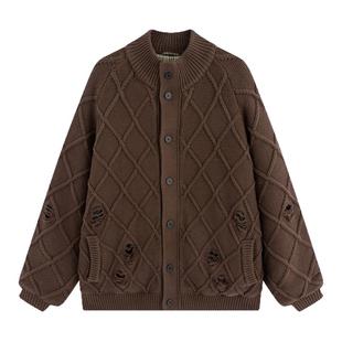 流石男装时尚菱格毛衣羽绒服2025年冬季男生保暖提花针织开衫外套