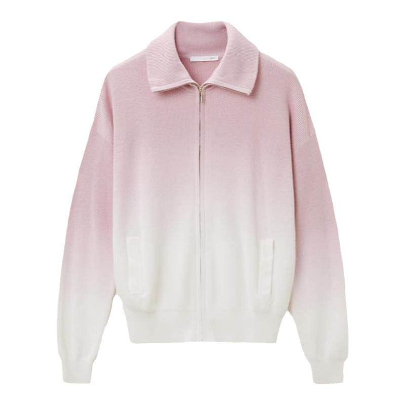 OVV秋冬新款女装吊染工艺粉色渐变拉链翻领休闲针织外套