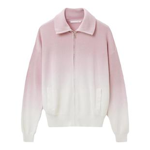 OVV秋冬新款女装吊染工艺粉色渐变拉链翻领休闲针织外套