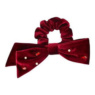 SundyHoney酒红色丝绒宝石蝴蝶结发圈优雅复古气质新年发饰