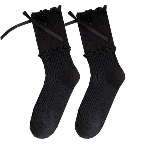 芭蕾风miu系蝴蝶结袜子女夏季薄款白灰韩系花边堆堆袜日系jk中筒