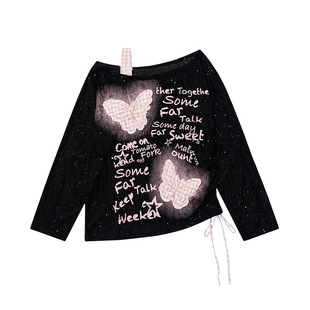 2025秋季大码胖mm甜酷风蝴蝶贴布露肩长袖T恤女设计感抽绳上衣潮