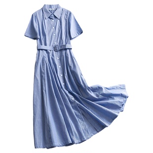 蓝色条纹系带收腰显瘦翻领衬衫裙2025夏季新款短袖长裙连衣裙X795