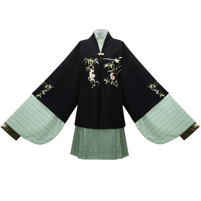 花朝记｜竹叶兔｜毛呢刺绣｜日常明制立领汉服｜半袖披袄短马面裙