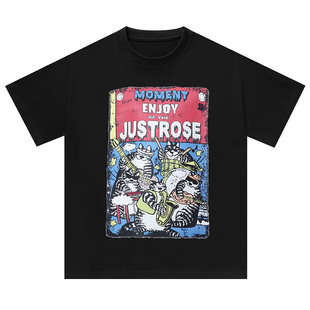 JUST ROSE吉他猫韩系宽松纯棉短袖男女t恤夏新款情侣半袖上衣潮