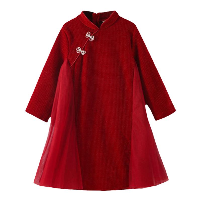 女童秋冬连衣裙加厚中国风盘扣新中式红色拜年服中大童长袖裙子