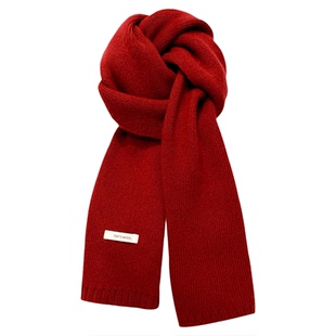100%纯羊毛红色针织围巾女士冬季新款防寒保暖百搭护颈高级感围脖