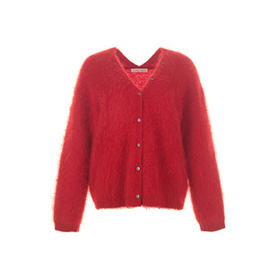 wana try羊毛羊绒桑蚕丝红色开衫2025冬季新款女软糯节日新年上衣