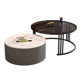 岩板茶几实木客厅家用现代简约新款可伸缩高级感小户型圆形茶桌