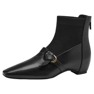 星期六2025新款方头厚底女短靴舒适百搭弹力靴加绒保暖软底时装靴