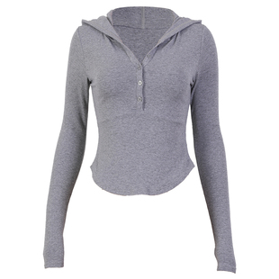 movingtime连帽瑜伽服女休闲运动长袖修身普拉提上衣亨利领健身服