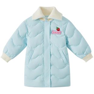 moomoo童装翻领羽绒服女童精致粉色刺绣甜美时尚百搭时髦保暖上衣