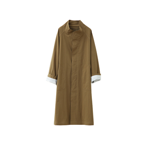 popchrio◆肌理皱感棉立领复古廓形韩系风衣中长款外套2025年新款