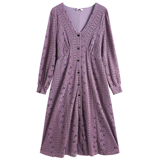 300斤胖莹莹大码女装法式优雅V领蕾丝紫色端丽风名媛收腰连衣裙